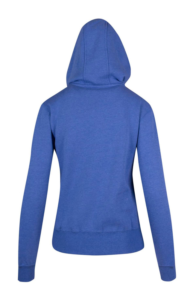 A blue women's juniors heavy fleece hoodie with a fitted design and a hood, featuring a logo on the back.