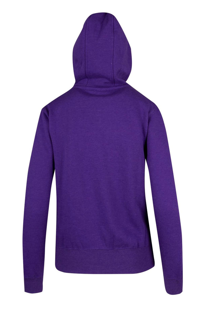 A purple women's juniors heavy fleece hoodie featuring a back view with a hood and long sleeves.