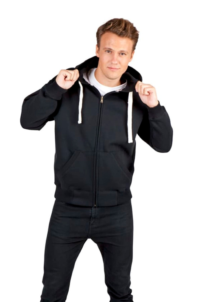A black men's brushed heavy zip fleece hoodie with a front zip and drawstring hood, featuring a logo.