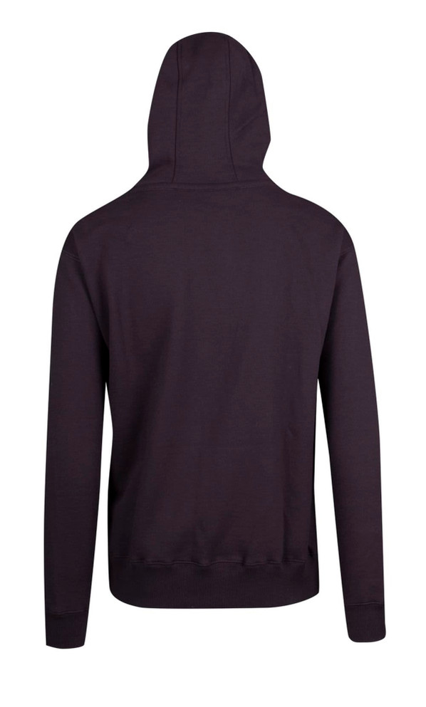 A black men's brushed heavy zip fleece hoodie with a hood and ribbed cuffs and hem. Features a logo on the back.