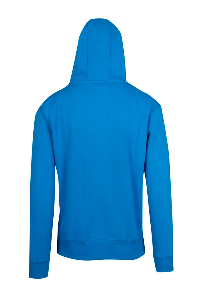 A blue men's brushed heavy zip fleece hoodie viewed from the back, featuring a hood and ribbed cuffs.