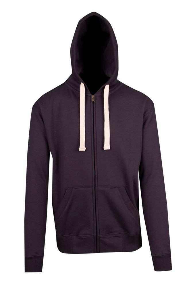 A navy brushed heavy zip fleece hoodie with a hood, drawstrings, and front pockets. Features a logo on the chest.