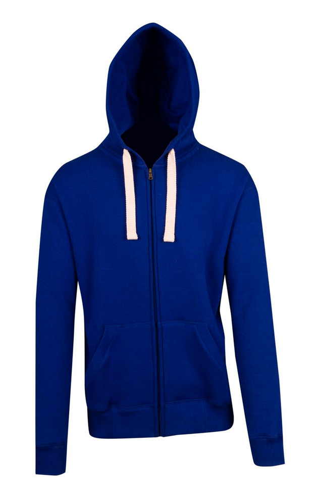 A blue brushed heavy zip fleece hoodie with a hood, featuring a front pocket and contrasting drawstring.