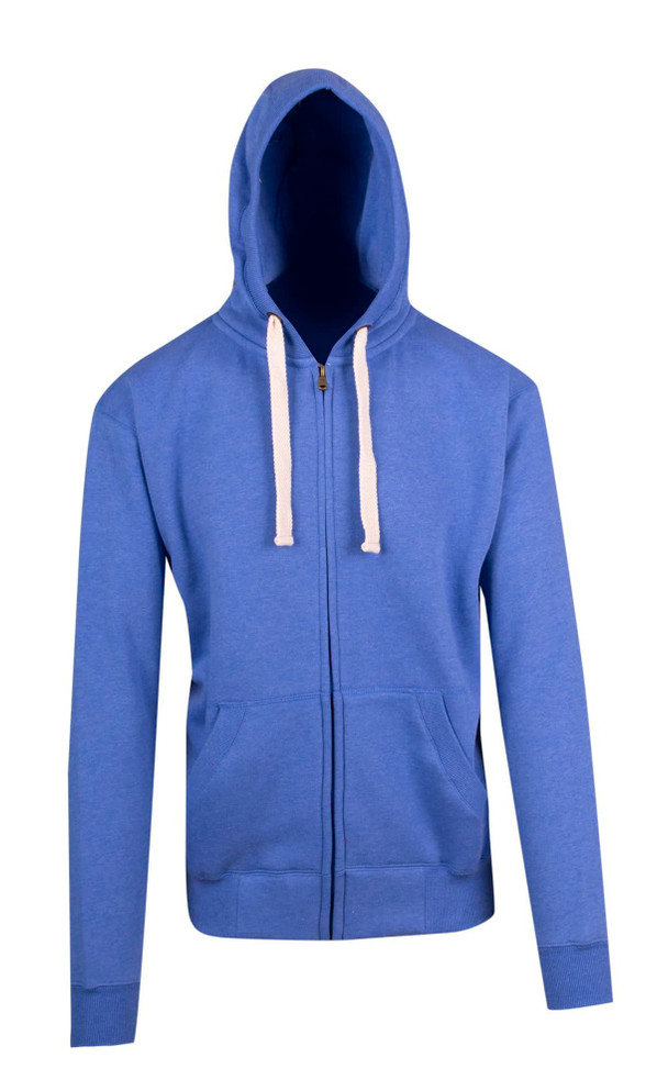 A blue brushed heavy zip fleece hoodie with a front zipper, drawstring hood, and two side pockets.