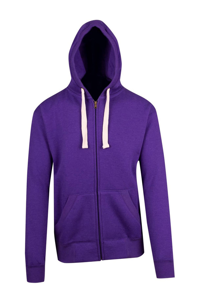 A purple zip fleece hoodie with a hood, featuring a front pouch pocket and drawstring details. It has a logo.
