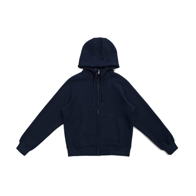 A navy zip-up hoodie with a kangaroo pocket and a hood. It features a logo on the front.