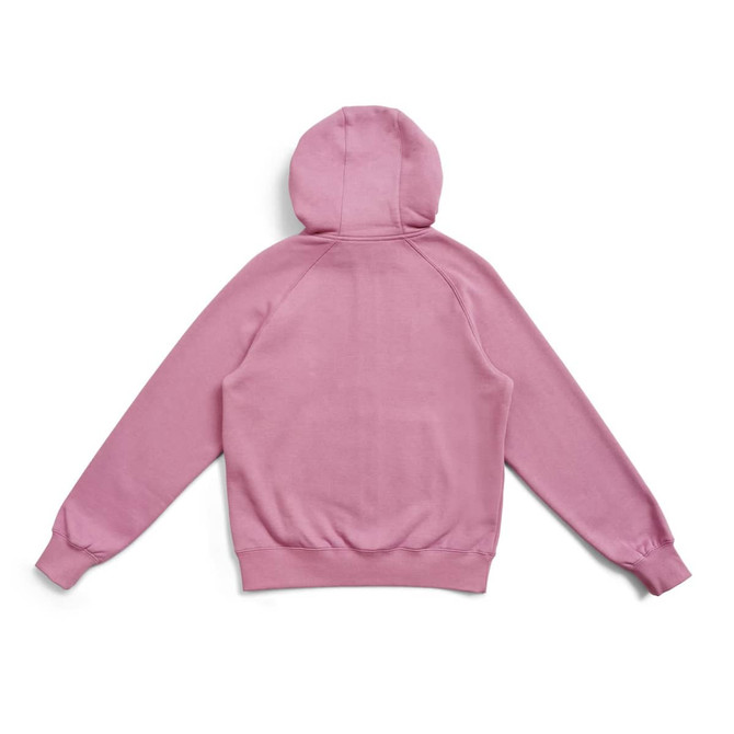 A pink women's junior cotton hoodie with a kangaroo pocket and a hood, featuring a logo.
