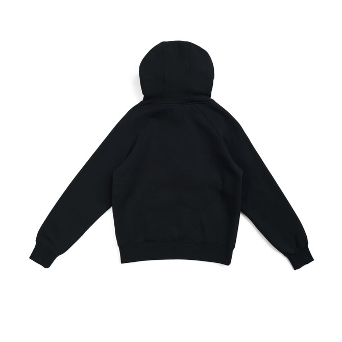 A black women's cotton hoodie featuring a kangaroo pocket and a zippered front. The back view is shown.