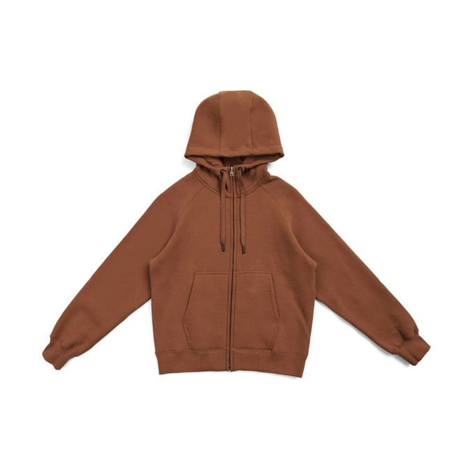 A brown women's cotton hoodie with a kangaroo pocket and zippered front, featuring a hood and long sleeves.