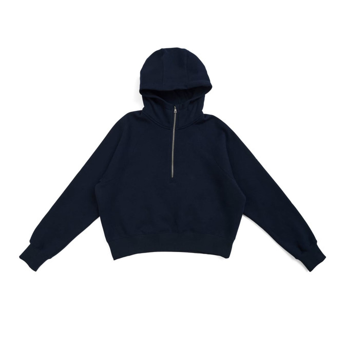 A navy blue half-zip jumper with a hood and long sleeves, featuring a logo.