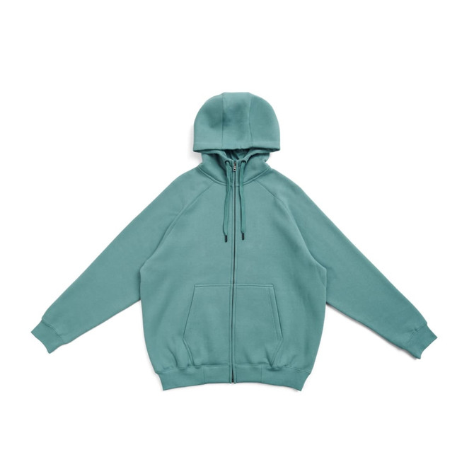 A teal cotton hoodie with a kangaroo pocket and zipper, featuring a hood and a logo.