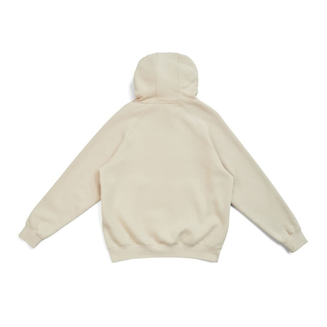A cream-coloured men's cotton hoodie with a kangaroo pocket and a hood, featuring a branding logo.