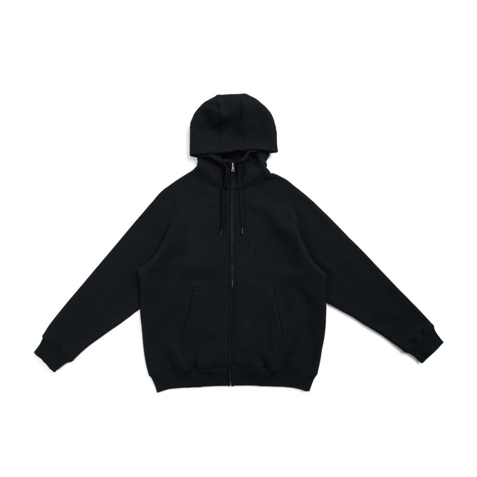 A black men's cotton hoodie with a kangaroo pocket and a zipper, featuring a logo on the front.