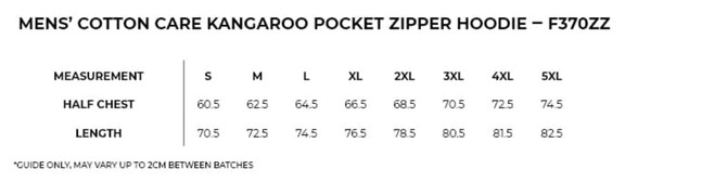 A size chart for a Men's Cotton Care Kangaroo Pocket Zipper Hoodie, detailing measurements for various sizes.