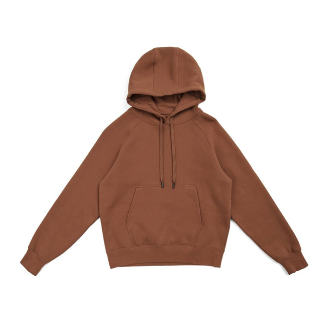 A brown women's junior cotton hoodie with a kangaroo pocket and a hood, featuring a logo.