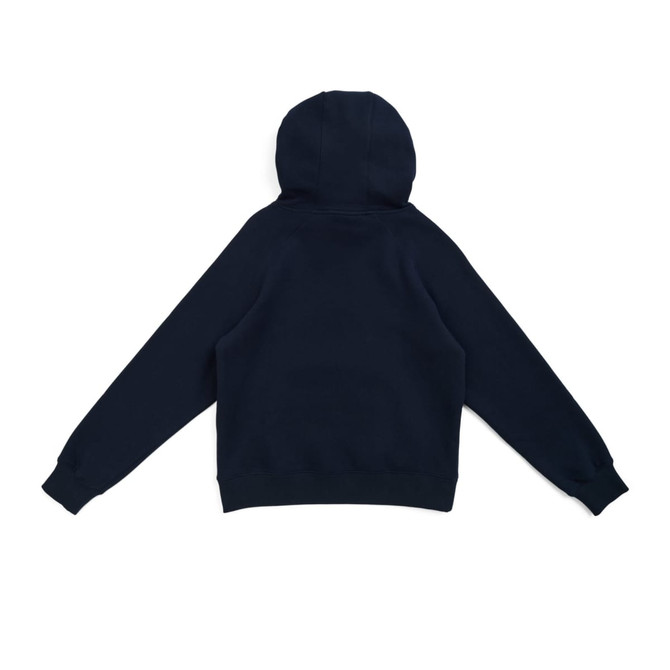 A navy women's cotton hoodie with a kangaroo pocket and a drawstring hood, featuring long sleeves.