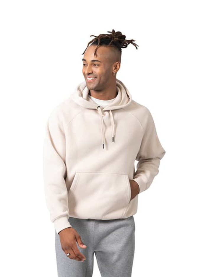 A men's kangaroo hoodie in a light beige colour, featuring a front pocket and a drawstring hood.