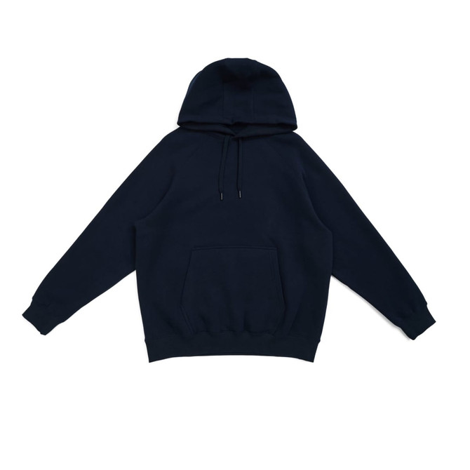 Navy men's cotton hoodie with a kangaroo pocket and adjustable drawstring hood. Features a logo on the front.
