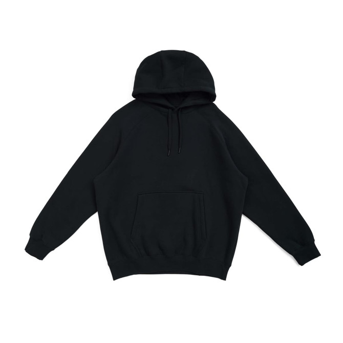 A black cotton hoodie featuring a kangaroo pocket and a hood, with a logo on the front.