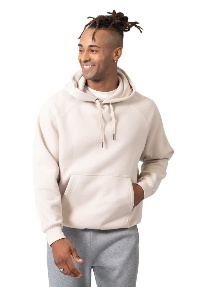 A men's cotton kangaroo hoodie in beige with a front pocket and a drawstring hood, featuring a subtle logo.