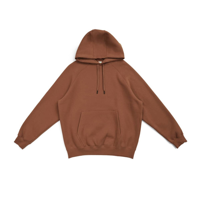 A brown cotton hoodie featuring a kangaroo pocket and hood. It has a simple design with long sleeves.