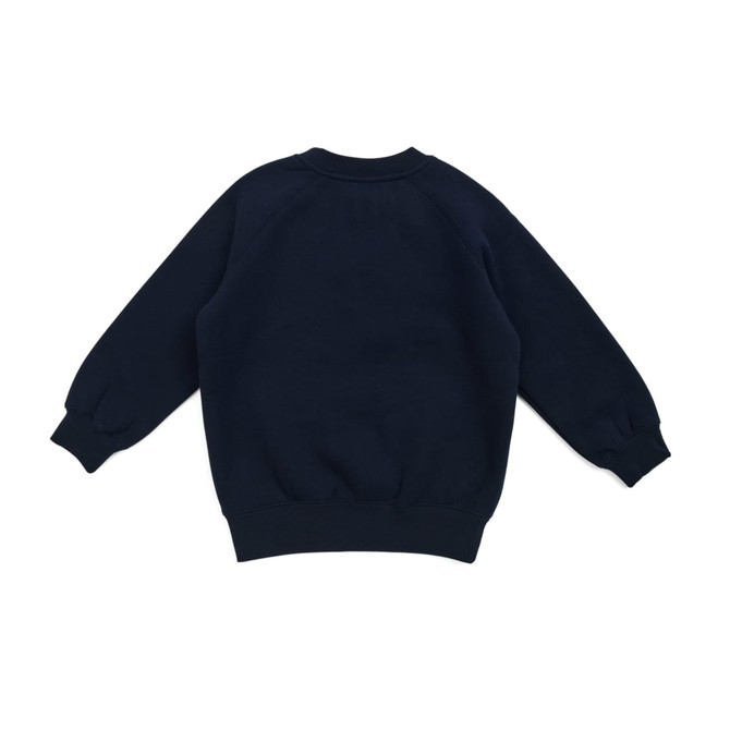 A navy blue kids' cotton sweatshirt with long sleeves and a ribbed hem, featuring a logo on the back.