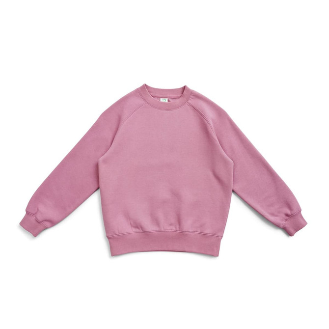 A pink cotton sweatshirt featuring a classic crew neckline and long sleeves. It has a simple design with a logo.