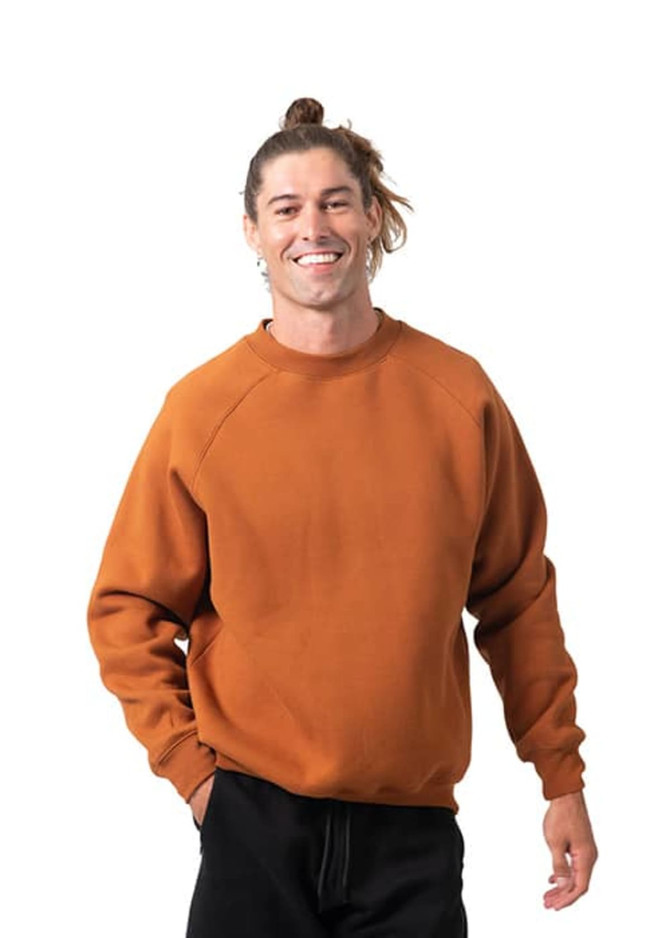 A brown cotton sweatshirt with raglan sleeves, worn by a smiling man. The design features a logo on the front.