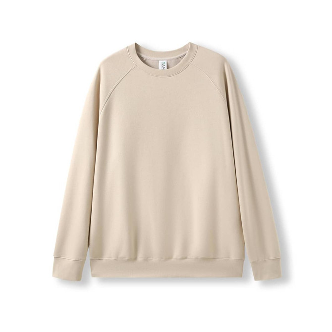 A beige adults' cotton sweatshirt with a relaxed fit and raglan sleeves. It has a logo on a tag.