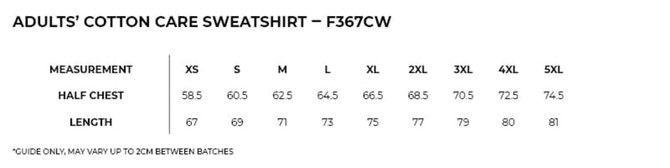 A table displaying measurements for the Adults' Cotton Care Sweatshirt, including sizes from XS to 5XL.
