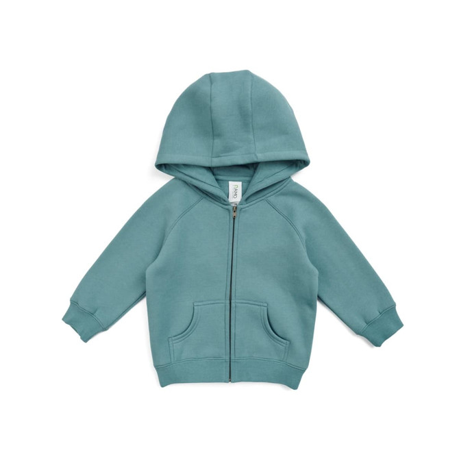 A teal zip pocket hoodie for babies, featuring a hood and front pockets. The product has a logo.