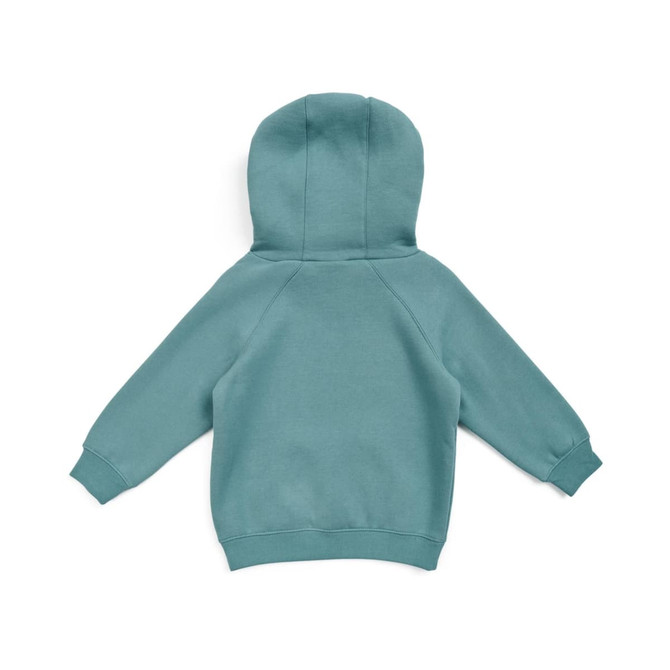 A teal cotton hoodie with a kangaroo pocket and a hood, featuring raglan sleeves and no visible branding.