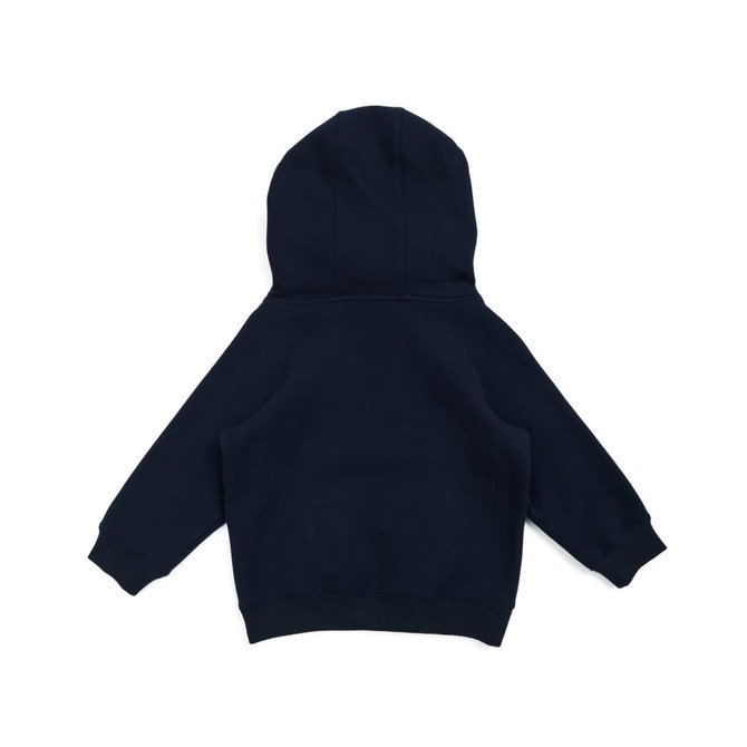 A navy blue hoodie for babies featuring a kangaroo pocket and a hood. The back view is presented.