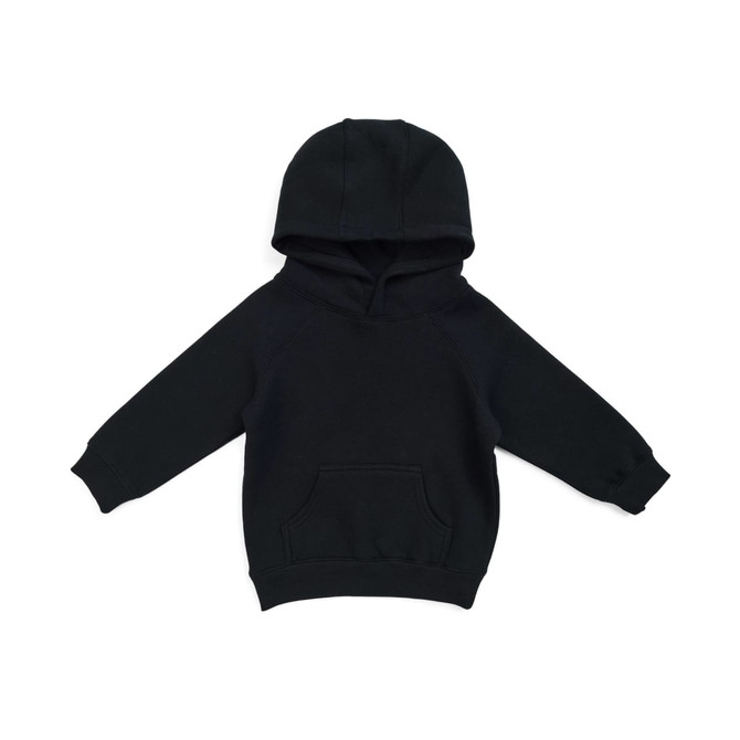 A black cotton kangaroo pocket hoodie for babies with a hood and long sleeves. It features a logo on the front.
