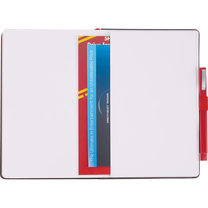 A journal with a red cover and a pen, featuring a blank interior and a bookmark inserted inside.
