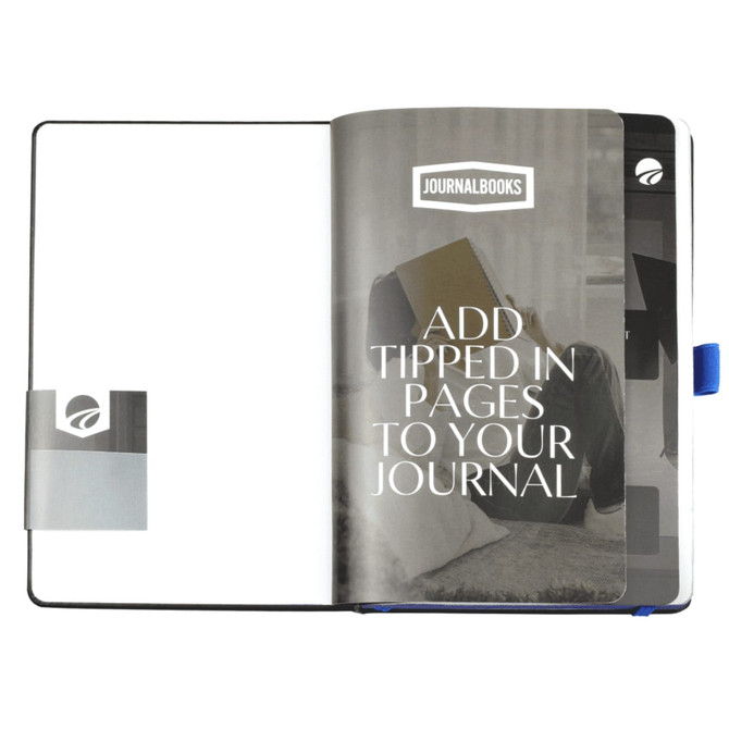 A bound journal with a blue cover and interior pages, featuring a logo and space for additional pages.