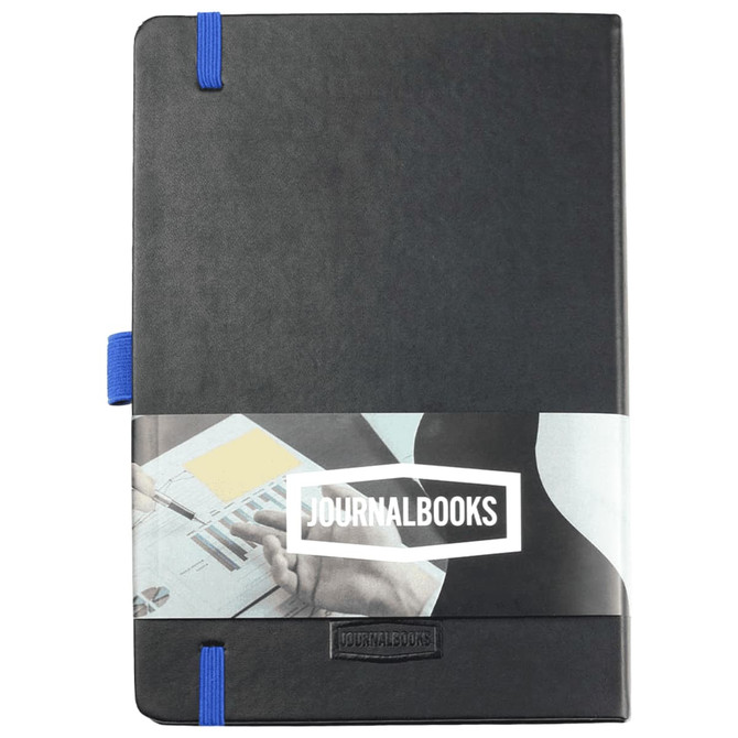 A black JournalBook with blue elastic closure and a logo, featuring a textured cover design.