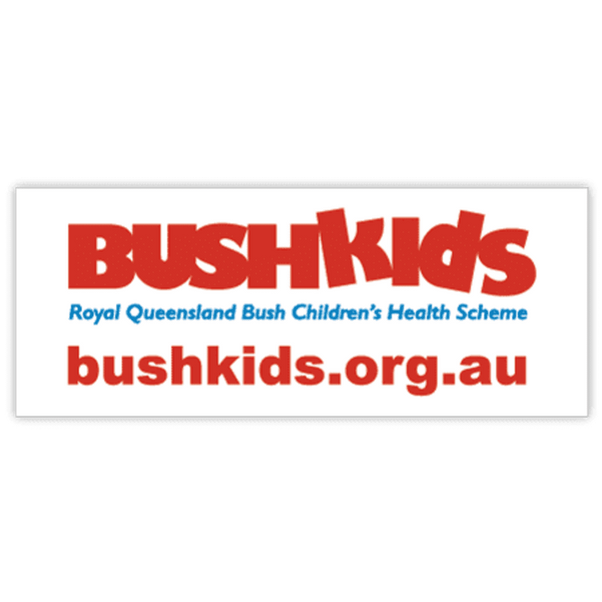 A rectangular bumper sticker featuring the text "BUSHkids" in red and a logo, with a white background. A rectangular bumper sticker featuring the text "BUSHkids" in red and a logo, with a white background.