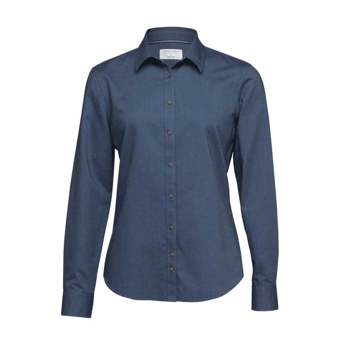 A women's button-up shirt in dark blue with long sleeves and a collared neckline, featuring a branding logo.