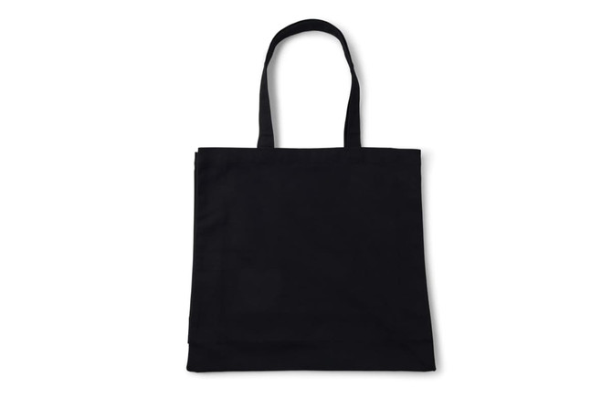 A black tote bag with two shoulder straps and a simple design. It features a logo on one side.