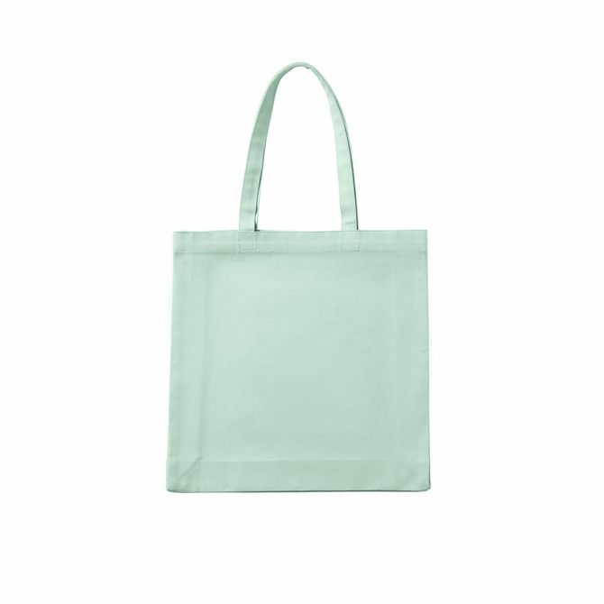 A light mint green tote bag with two handles and a simple design. It features a logo.