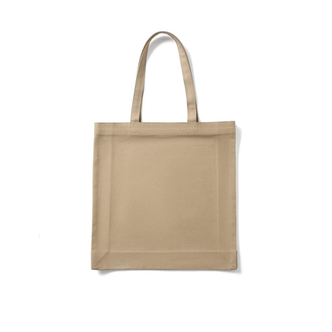A tan heavy tote bag with long handles and a square shape, featuring an unbranded design.