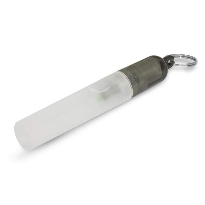 A clear mini hand sanitiser key ring with a black top and a keychain attachment.