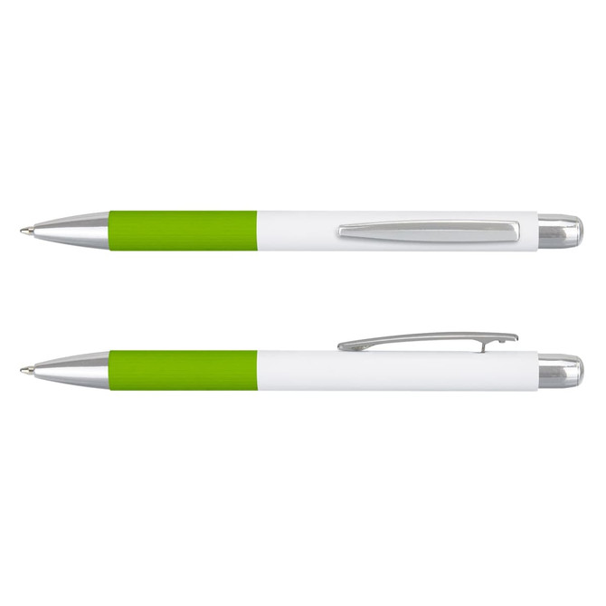 A metal pen featuring a white barrel with a vibrant green grip and chrome accents. The pen has a branding logo.