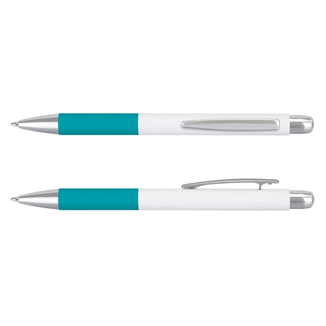 A metal pen with a teal grip and white barrel, featuring a silver clip and tip. It has a brand logo.