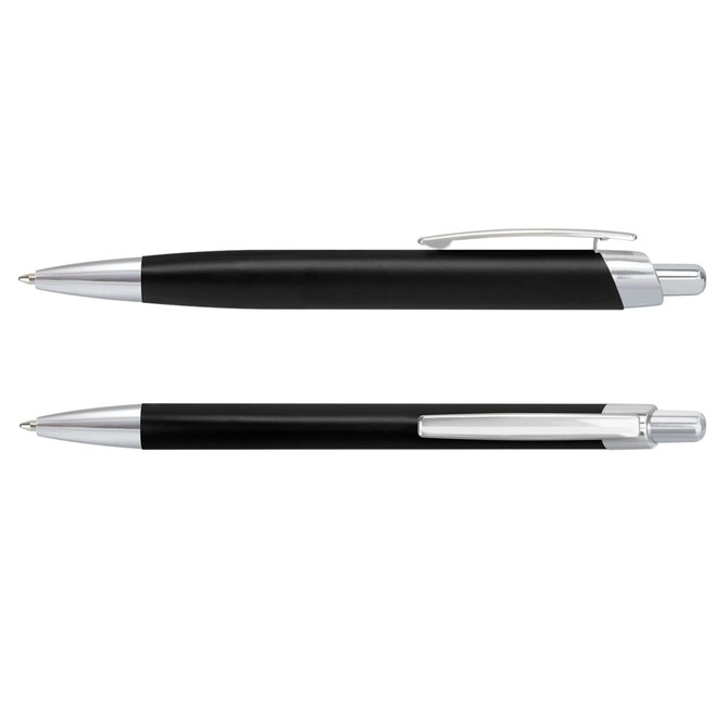 A set of black metal pens with silver accents, featuring a logo on the barrel.