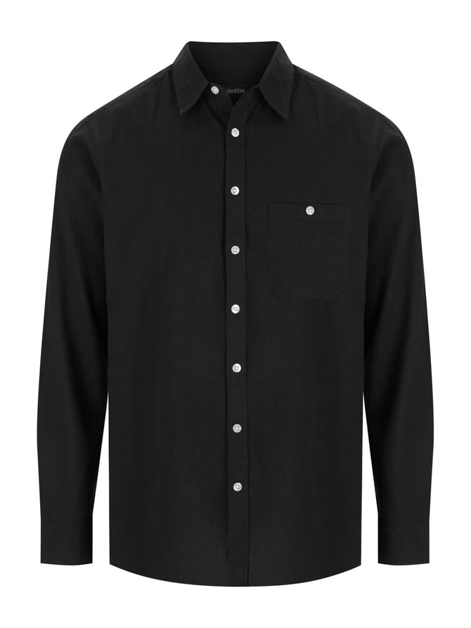 A black long sleeve button-up shirt featuring a chest pocket and a branded logo on the label.
