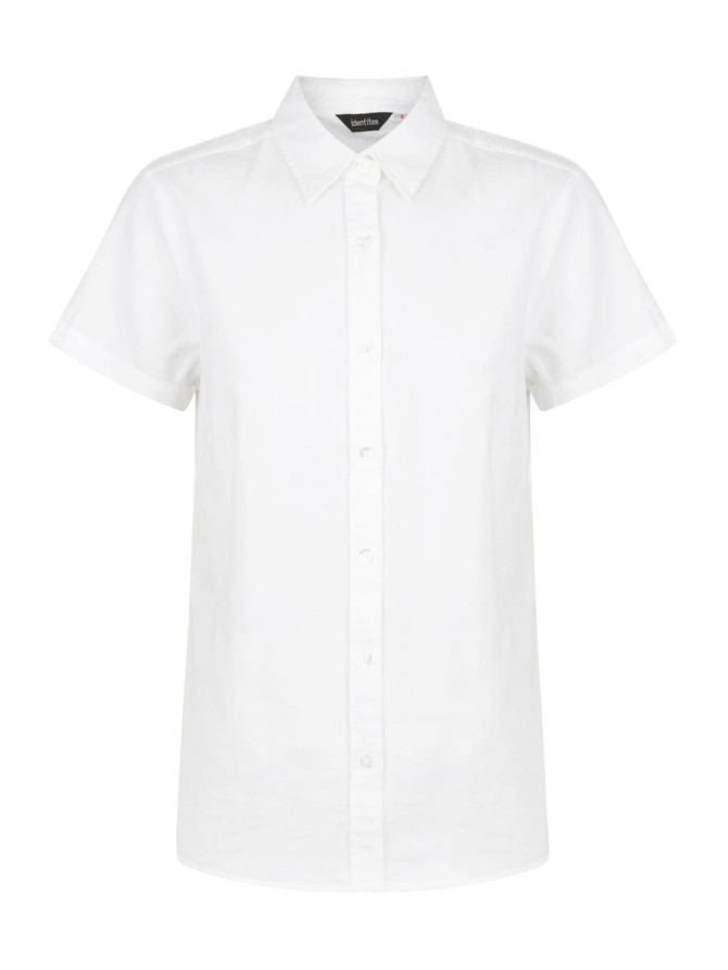 A white short sleeve shirt with a collar, featuring a front button placket and a logo on the label.
