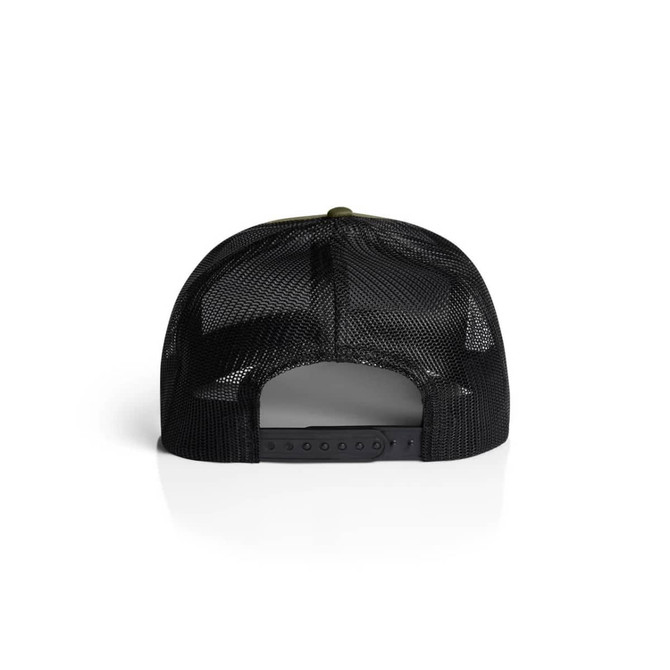 A black mesh trucker cap featuring an adjustable strap and a contrasting front panel.