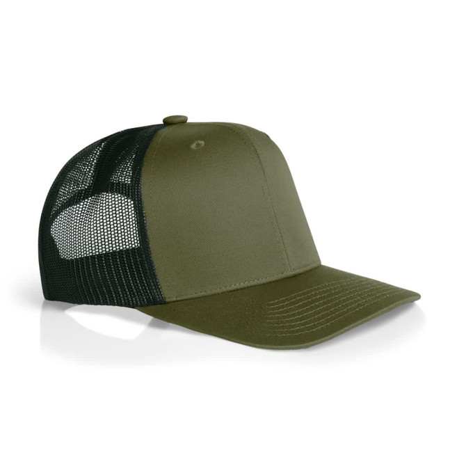 A khaki mesh contrast trucker cap with a solid front and a black mesh back. It features a logo on the side.
